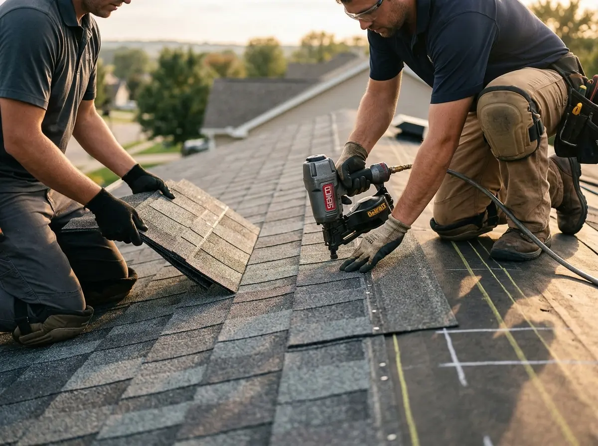 Professional roofer working on a residential roof in West Jefferson